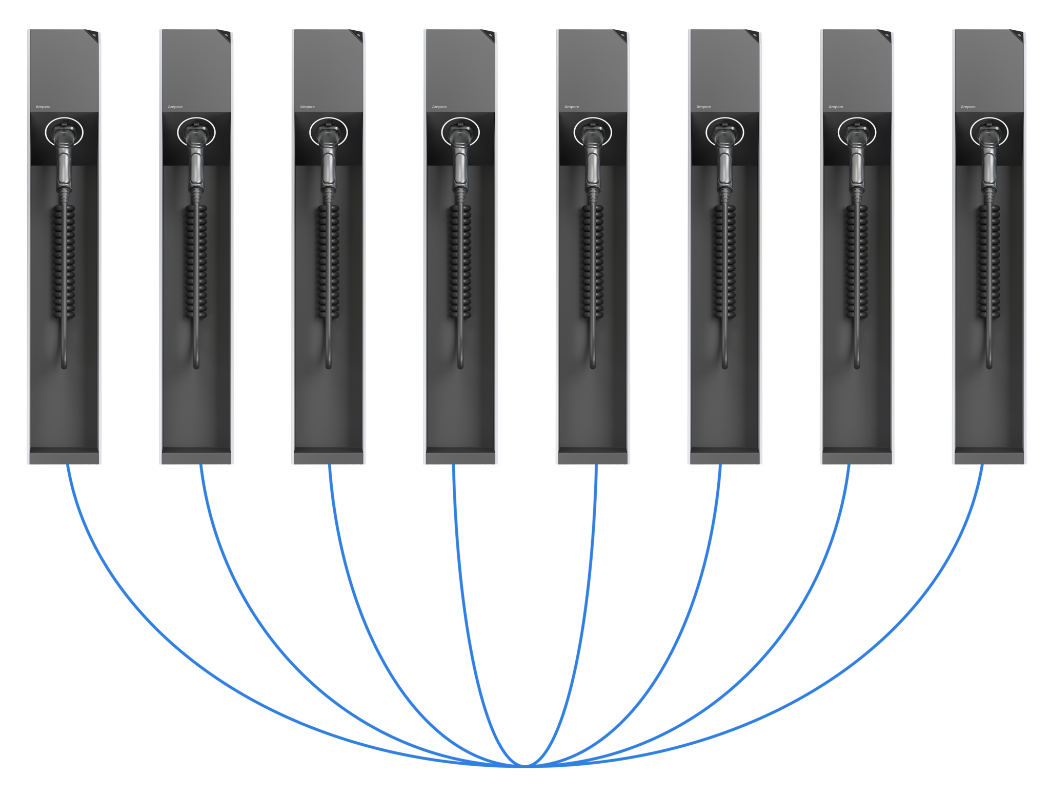 Acht kaskadierte Ampere Wallboxen des Typs Ampere.ChargePro