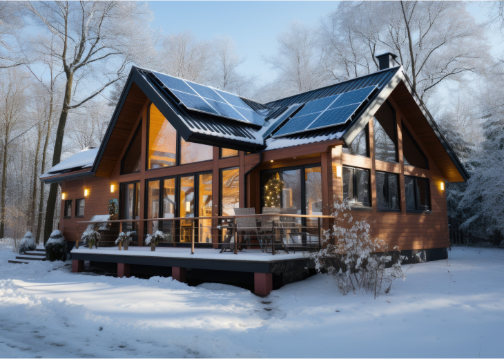 Ein Einfamilienhaus im Winter mit Solaranlage